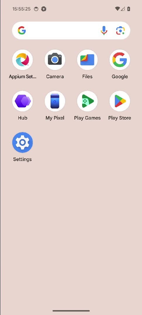 An Android app drawer during a test session: a Google search bar at the top with the benchmark target box drawn around it, and app icons including the Play Store and Settings below.