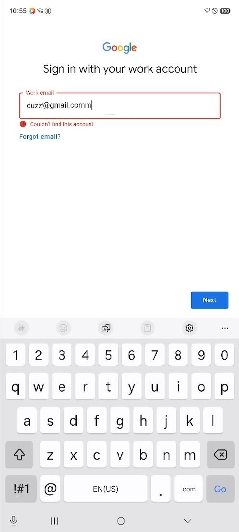 A Google sign-in screen with a mistyped work email, a Couldn't-find-this-account error, and the on-screen keyboard open; the benchmark target box is drawn around the keyboard's backspace key.