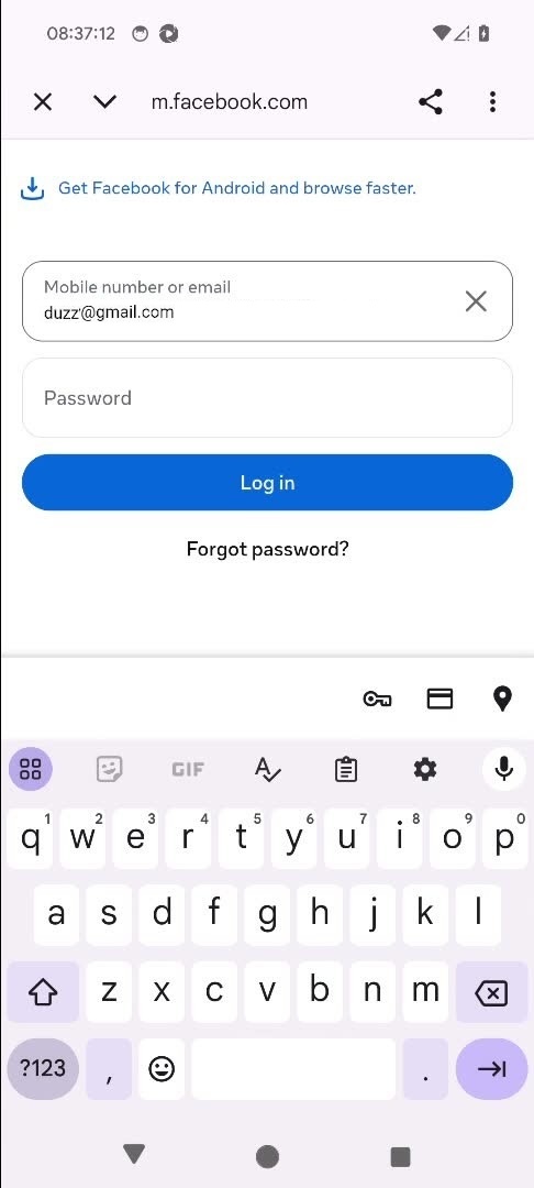 A Facebook login form inside a mobile game's webview: an email field already filled with a test account, an empty password field with the benchmark target box drawn around it, and a Log in button.