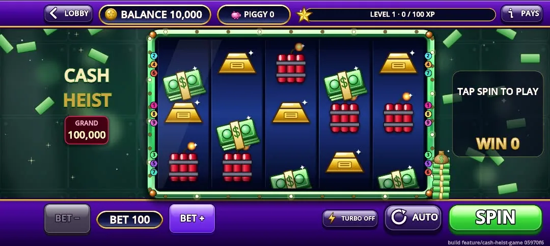 Same build on a Pixel 10 Pro XL. The wide layout keeps the loot beside the cabinet, so this check passed. (The tilted CASH is here too; alignment was another scenario's job.)