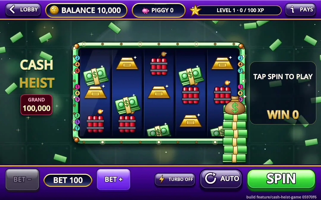 Galaxy Tab S11, a 16:10 tablet, before the fix. The loot tower, cash bricks topped with a money bag, stands over the lower cells of the fifth reel.