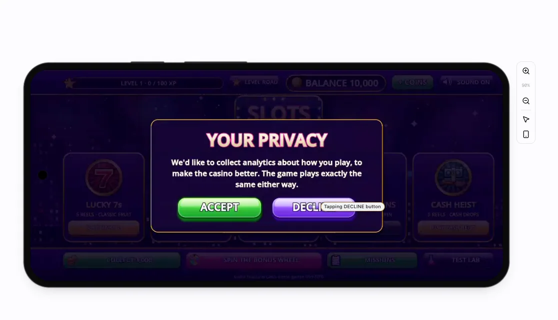 The EU player run on a Pixel 8 Pro: the Duzz agent taps DECLINE. Everything a player can see here passed.