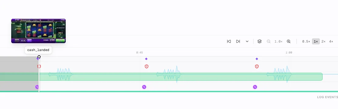 The same run after DECLINE: each spin, its sound on the audio track, and a cash_landed event from the device log after every one.
