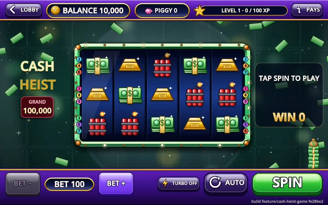 After the fix, on a Galaxy Tab S9 (16:10). The loot sits small in the bottom-right corner, clear of the reels and the controls, and every bundle is level in its cell.